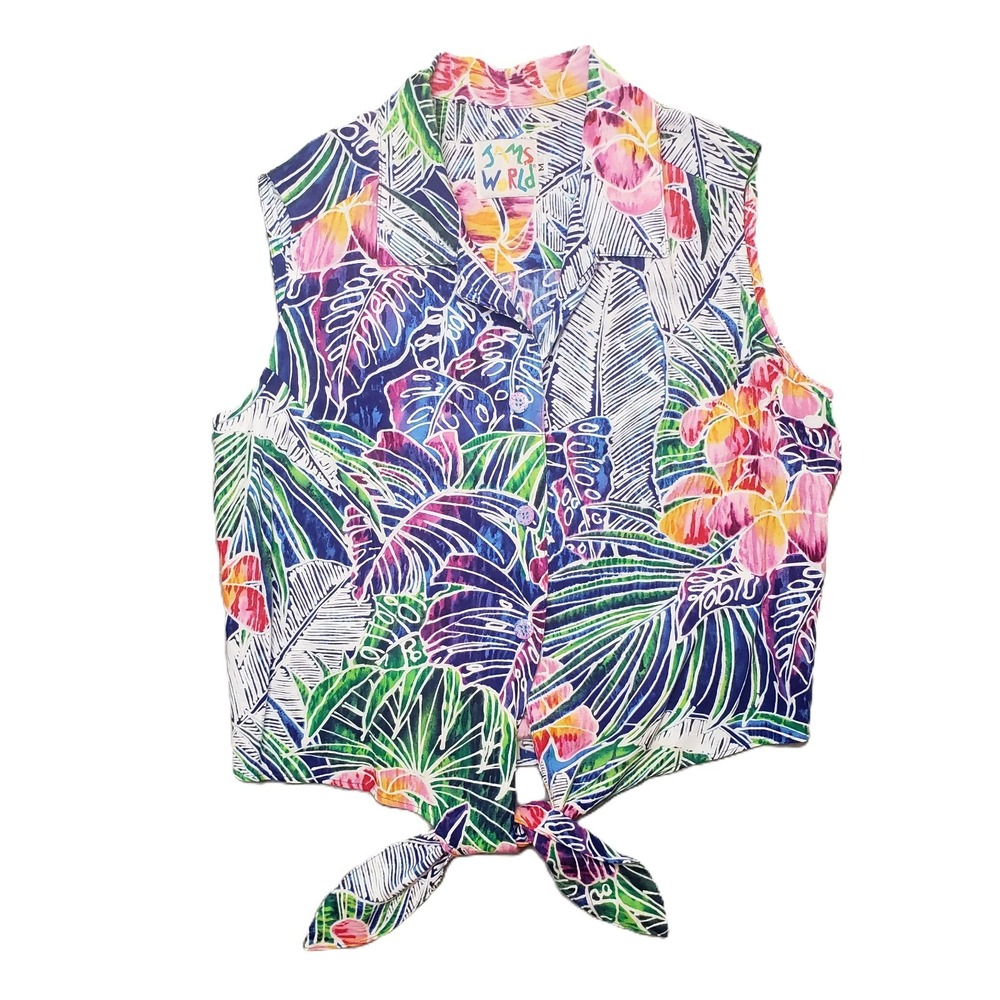 Jams World Tie Front Sleeveless Top Womens M Multicolor Tropical Floral 90s